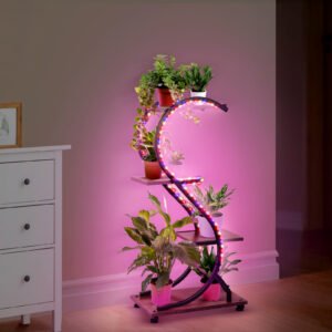 Plant Stand Indoor with Grow Lights, 4 Tiered 31" Plant Shelf, Metal Wood Plant Stands for Indoor Plants, Flower Pot Display Shelves, Wireless Design, S-Shaped Plant Rack for Home, Patio