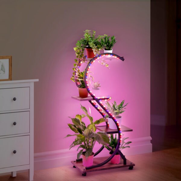 Plant Stand Indoor with Grow Lights, 4 Tiered 31" Plant Shelf, Metal Wood Plant Stands for Indoor Plants, Flower Pot Display Shelves, Wireless Design, S-Shaped Plant Rack for Home, Patio