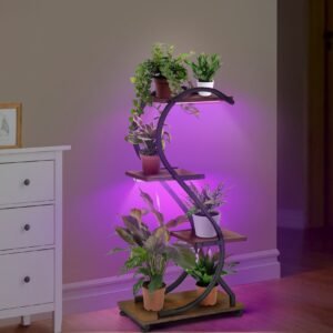 Plant Stand Indoor with Red Blue White Spectrum Grow Lights, 4-Tier Metal Plant Shelf, 31'' Plant Rack for Indoor Plants Multiple, Sturdy Flower Holder for Living Room, Patio, Space-Saving