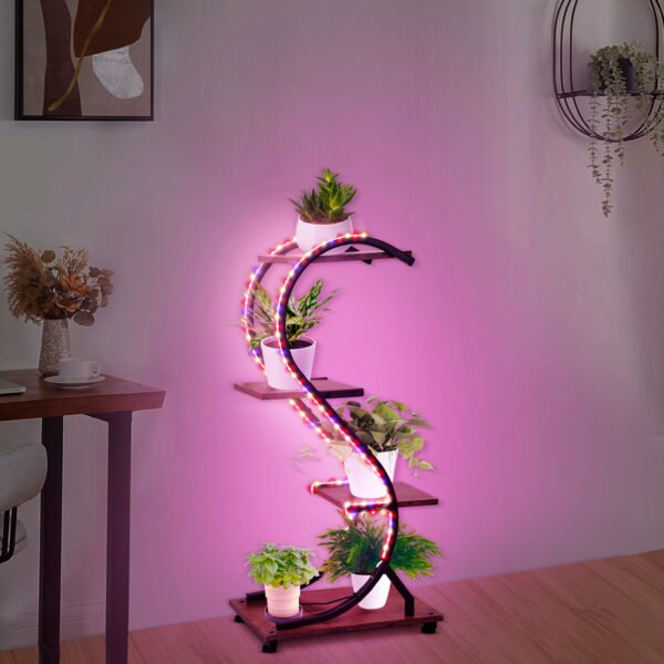 Plant Stand Indoor with Grow Lights, 4 Tiered 31" Plant Shelf, Metal Wood Plant Stands for Indoor Plants, Flower Pot Display Shelves, Wireless Design, S-Shaped Plant Rack for Home, Patio