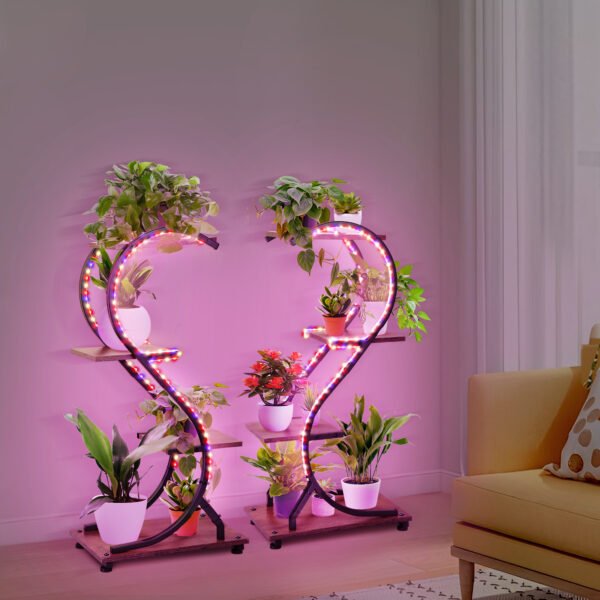 Plant Stand Indoor with Grow Lights, 4 Tiered 31" Plant Shelf, Metal Wood Plant Stands for Indoor Plants, Flower Pot Display Shelves, Wireless Design, S-Shaped Plant Rack for Home, Patio