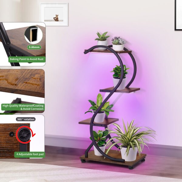 Plant Stand Indoor with Red Blue White Spectrum Grow Lights, 4-Tier Metal Plant Shelf, 31'' Plant Rack for Indoor Plants Multiple, Sturdy Flower Holder for Living Room, Patio, Space-Saving