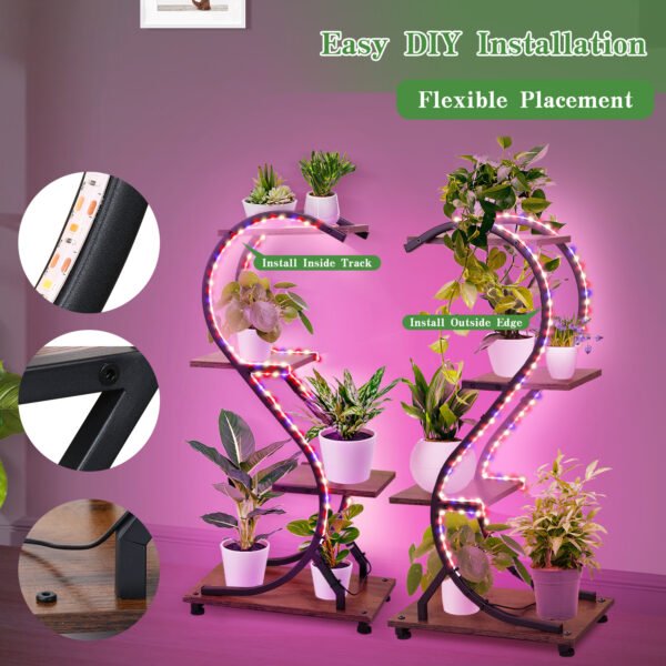 Plant Stand Indoor with Grow Lights, 4 Tiered 31" Plant Shelf, Metal Wood Plant Stands for Indoor Plants, Flower Pot Display Shelves, Wireless Design, S-Shaped Plant Rack for Home, Patio