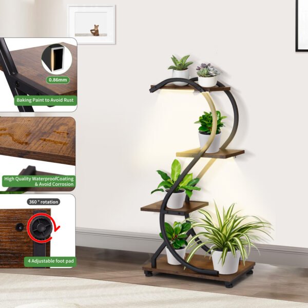 Plant Stand with Grow Light, 4-Tiered Metal Plant Shelf Indoor, 31'' Plant Stands for Indoor Plants Multiple, Flower Stands for Indoor Plants Living Room, Patio, Four Adjustable Feet
