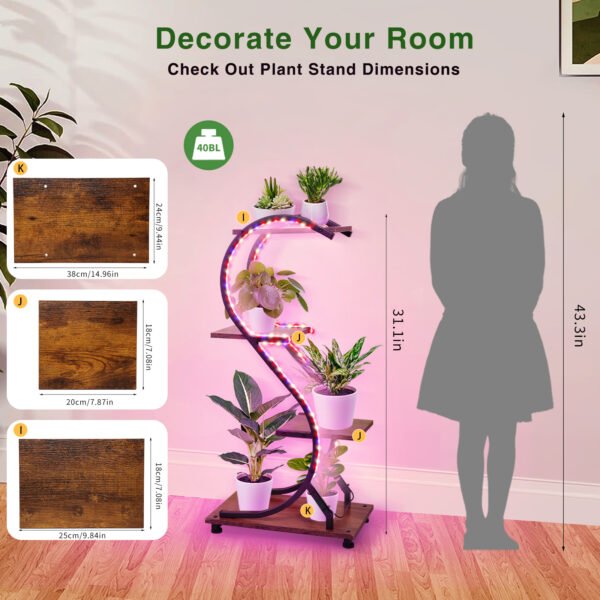 Plant Stand Indoor with Grow Lights, 4 Tiered 31" Plant Shelf, Metal Wood Plant Stands for Indoor Plants, Flower Pot Display Shelves, Wireless Design, S-Shaped Plant Rack for Home, Patio